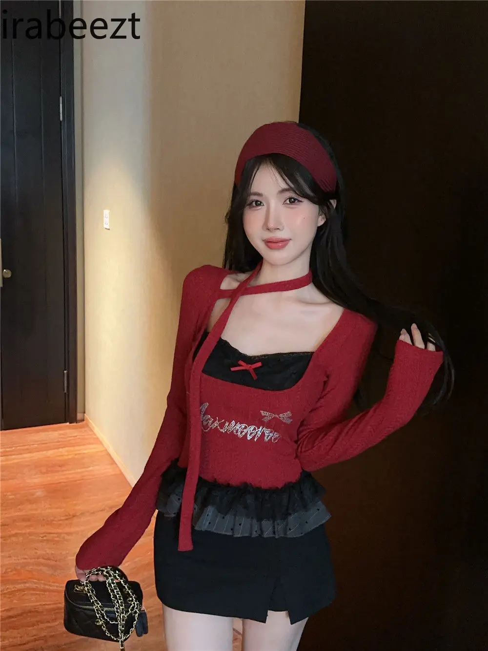 Autumn and Winter American Hottie Square Collar Lace Halterneck Long-sleeved Bottoming Shirt Women's Slim Short Top