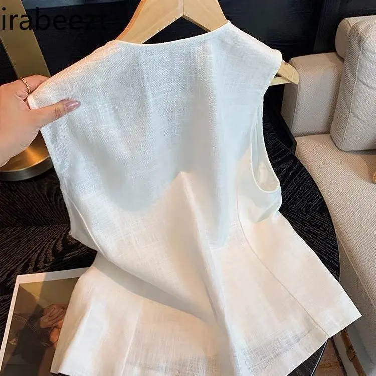 2025 Summer Women's Linen Vest Sleeveless V-Neck Embroidery Waistcoat Elegant Casual Tops White Loose Fit Beachwear
