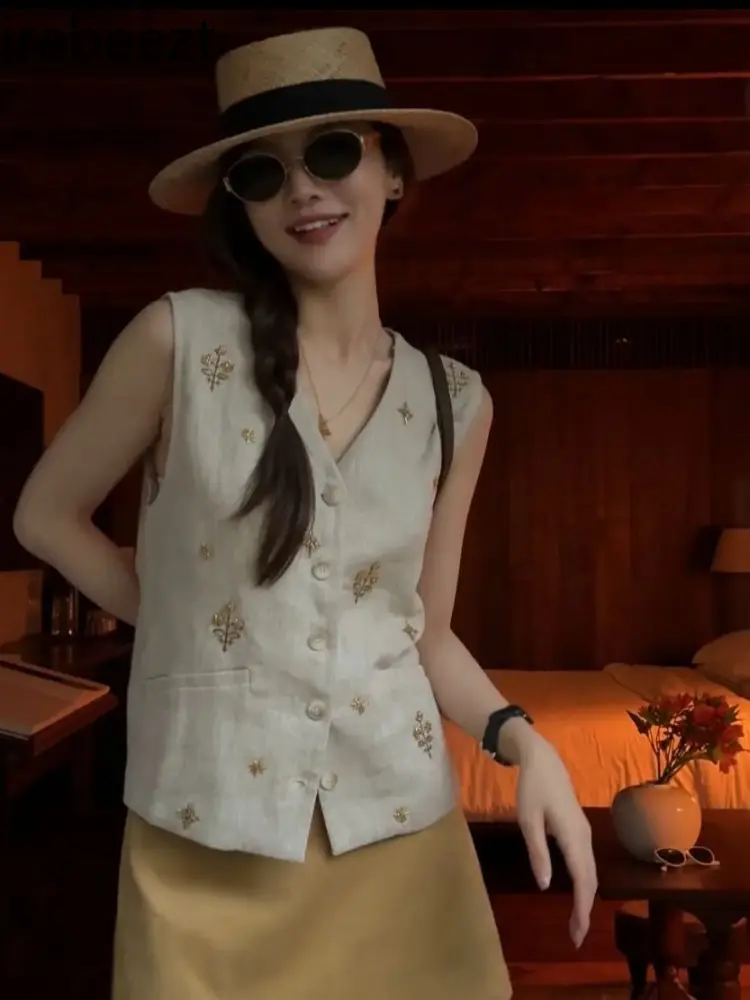 2025 Summer Women's Linen Vest Sleeveless V-Neck Embroidery Waistcoat Elegant Casual Tops White Loose Fit Beachwear