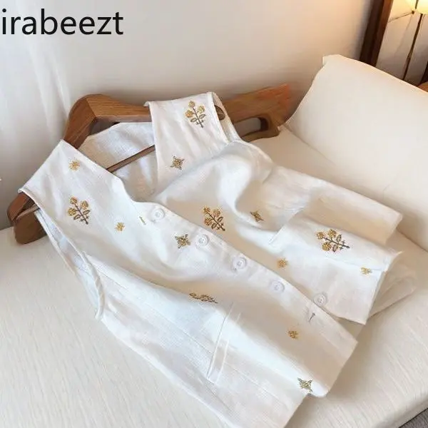 2025 Summer Women's Linen Vest Sleeveless V-Neck Embroidery Waistcoat Elegant Casual Tops White Loose Fit Beachwear