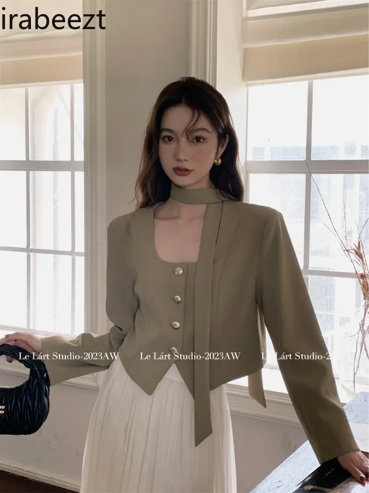 2025 Early Spring New Korean Style Design Strap Irregular Button Shirt French Temperament Short Suit Jacket Chaqueta Mujer