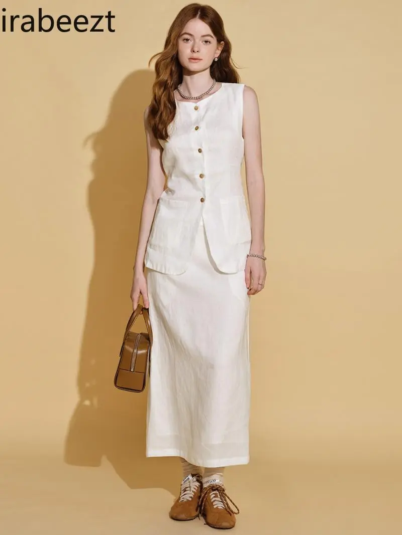 Linen Set Summer 2025 Elegant Vest & Slit Skirt 2 Piece Outfit Breathable Loose Fit Casual Wear Conjuntos Feminino Elegante