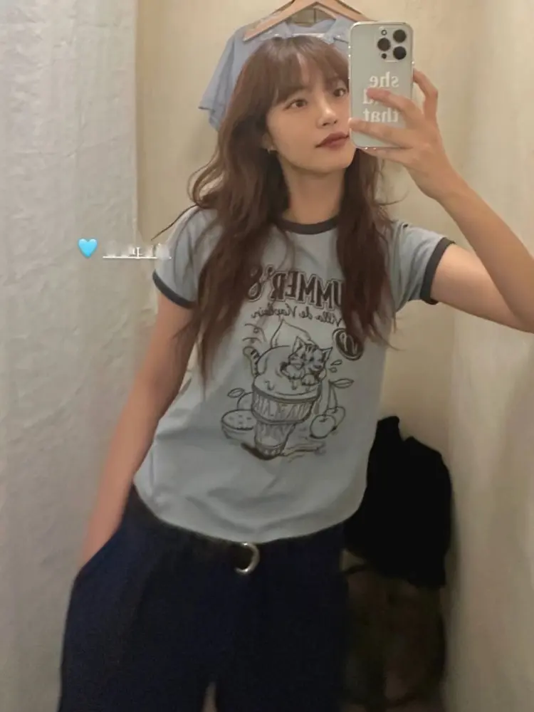 Korean Version of Small Cute Kitten Print Casual Slimming Short Sleeve T-shirt Fashion High Stretch Crop Top Women Gothic