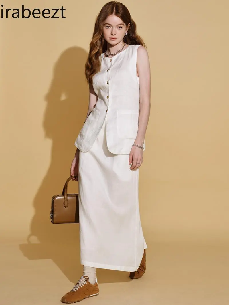 Linen Set Summer 2025 Elegant Vest & Slit Skirt 2 Piece Outfit Breathable Loose Fit Casual Wear Conjuntos Feminino Elegante