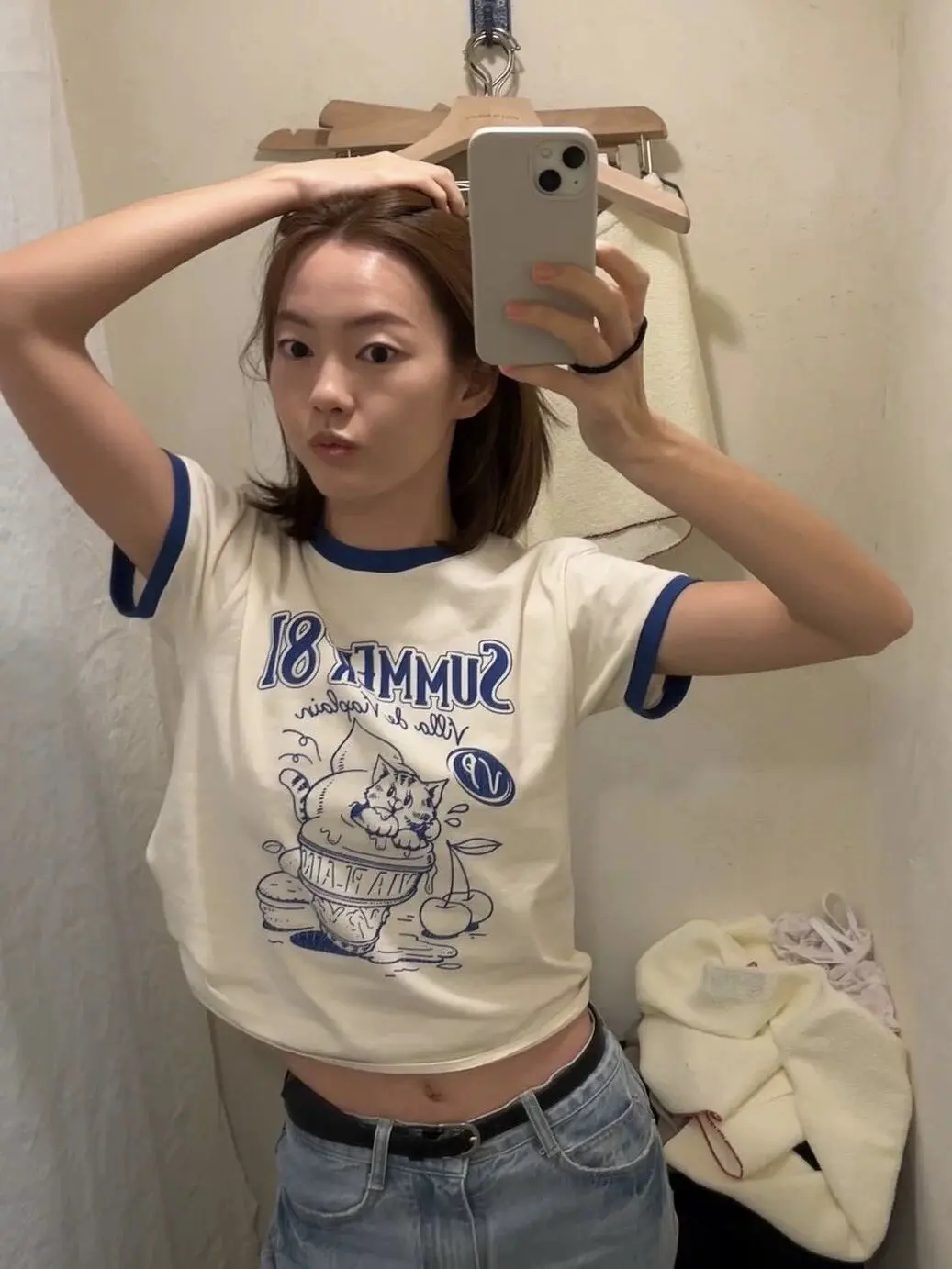 Korean Version of Small Cute Kitten Print Casual Slimming Short Sleeve T-shirt Fashion High Stretch Crop Top Women Gothic