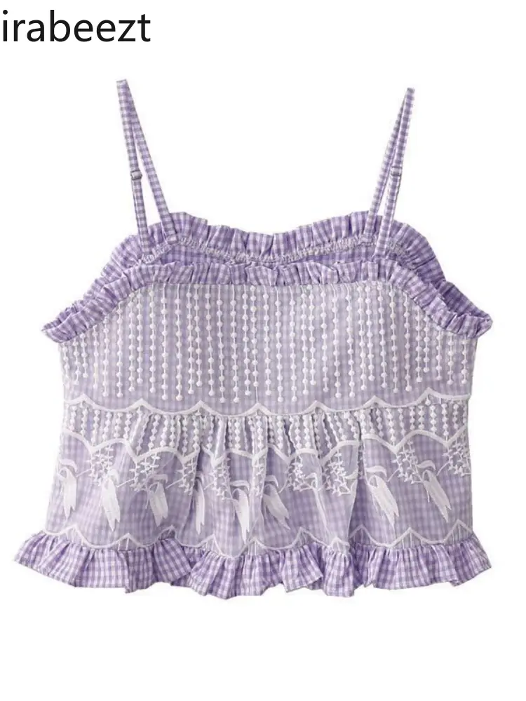 Summer Sweet Lively Girl Ruffle Lace Plaid Small Halter Waistcoat Women Embroidered Three-button Blouse Tank Top