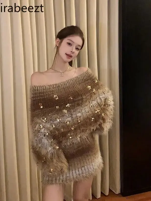 Vintage Sequin Knit Ladies Fall/Winter Fashion Sweater Dress Blusas Tricot Feminina Inverno Regulai Fit Pull Coreen