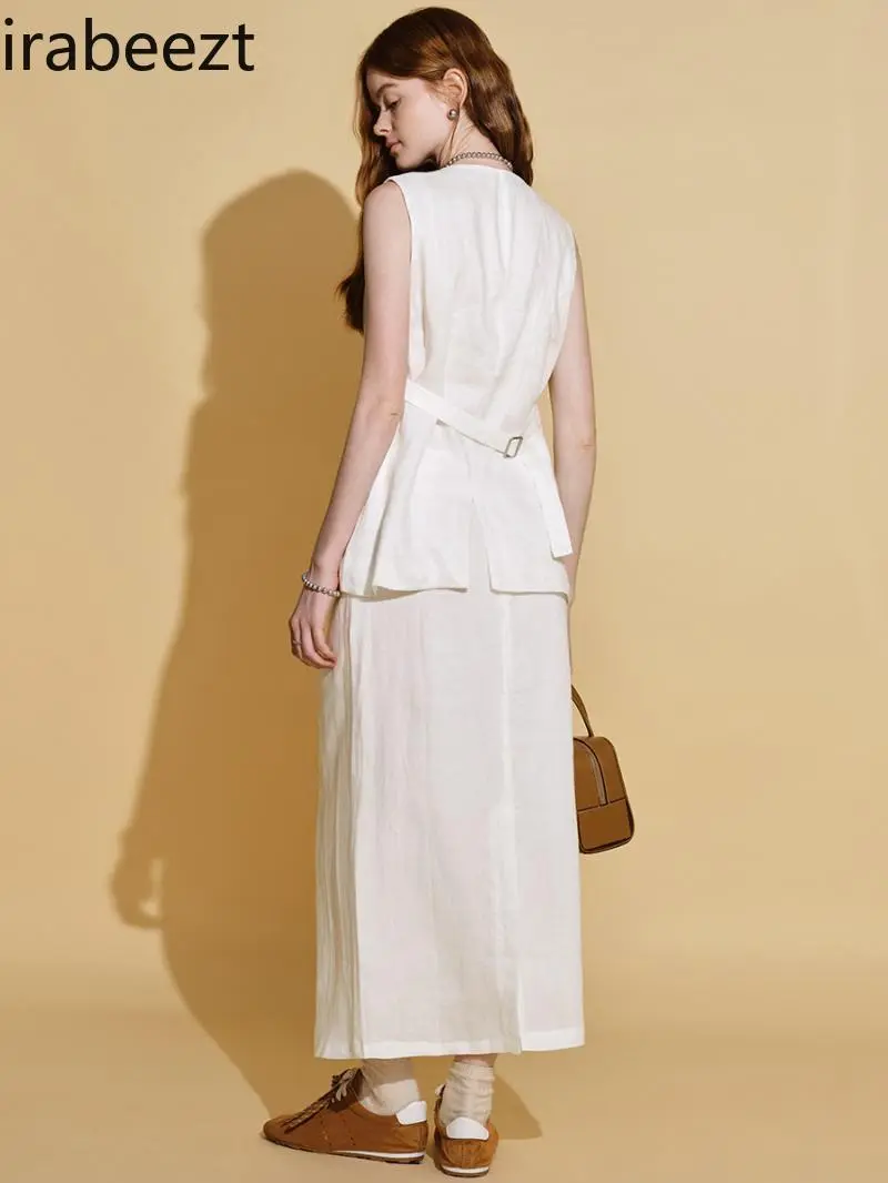 Linen Set Summer 2025 Elegant Vest & Slit Skirt 2 Piece Outfit Breathable Loose Fit Casual Wear Conjuntos Feminino Elegante