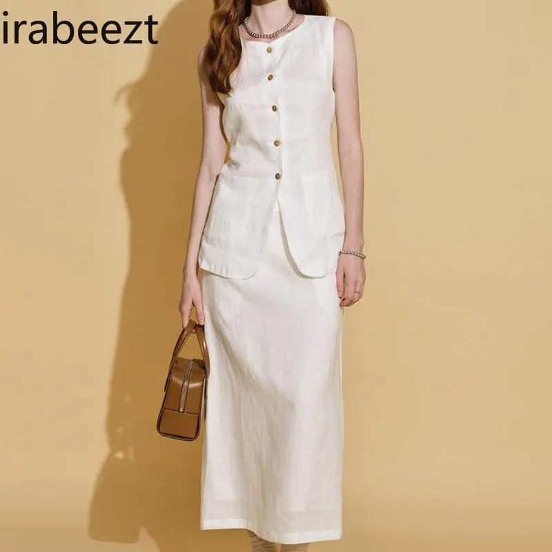 Linen Set Summer 2025 Elegant Vest & Slit Skirt 2 Piece Outfit Breathable Loose Fit Casual Wear Conjuntos Feminino Elegante