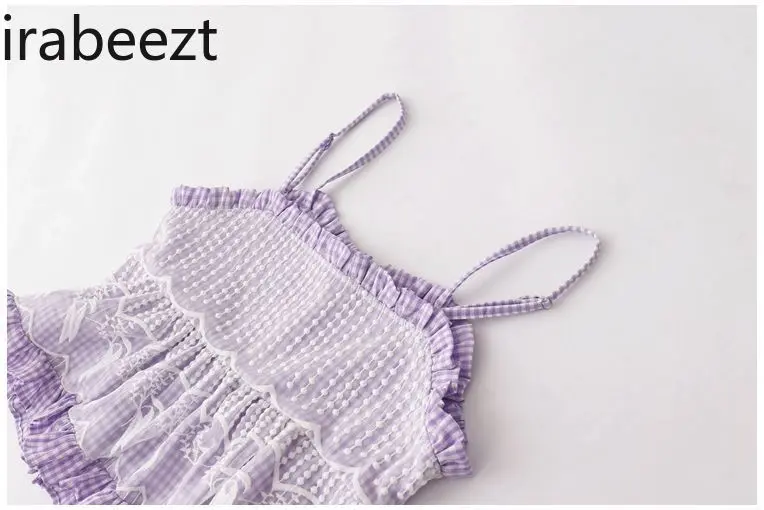 Summer Sweet Lively Girl Ruffle Lace Plaid Small Halter Waistcoat Women Embroidered Three-button Blouse Tank Top