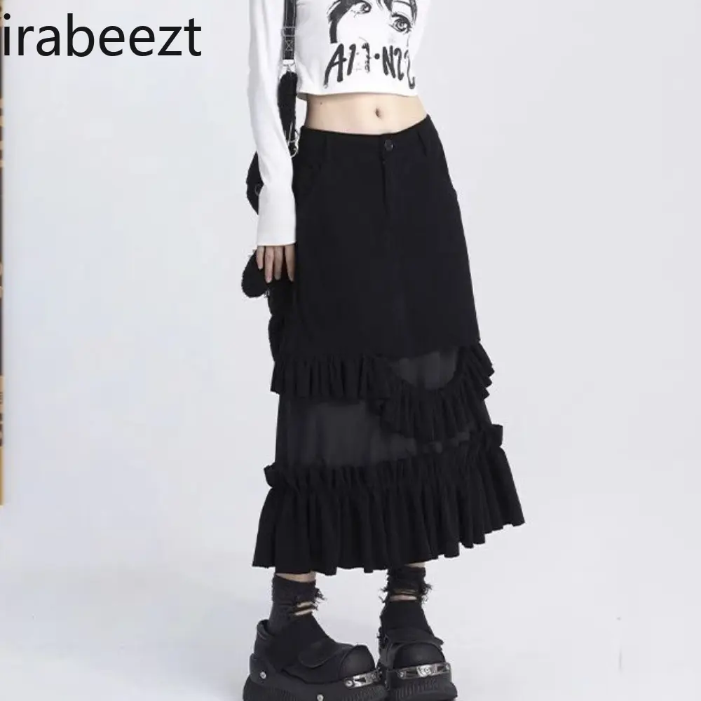 Corduroy Skirt Women Mid-length A-line Skirts Tierred Patchworked Asymmetrical Ruffles Slim Body Robe Faldas Escocesas De Mujer