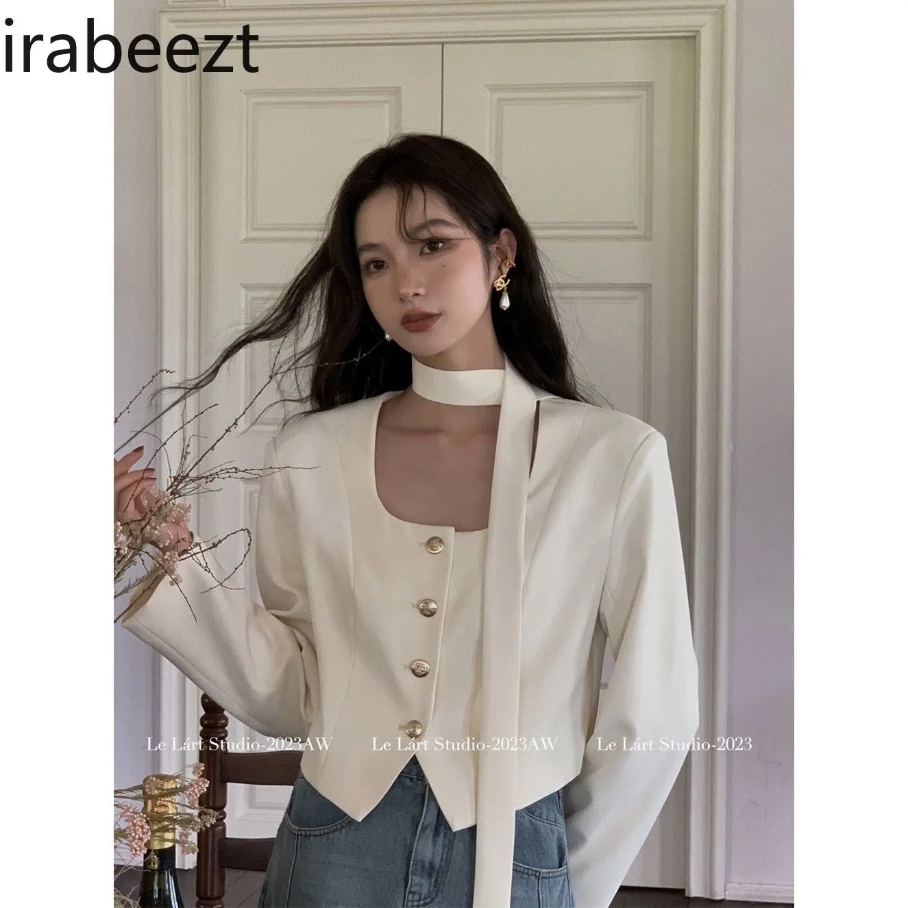 2025 Early Spring New Korean Style Design Strap Irregular Button Shirt French Temperament Short Suit Jacket Chaqueta Mujer