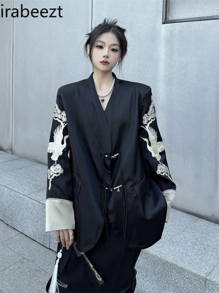 New Chinese Style Satin Embroidered Suit Jacket for Women Autumn New Long Sleeve Loose Color Matching High-grade Blazer