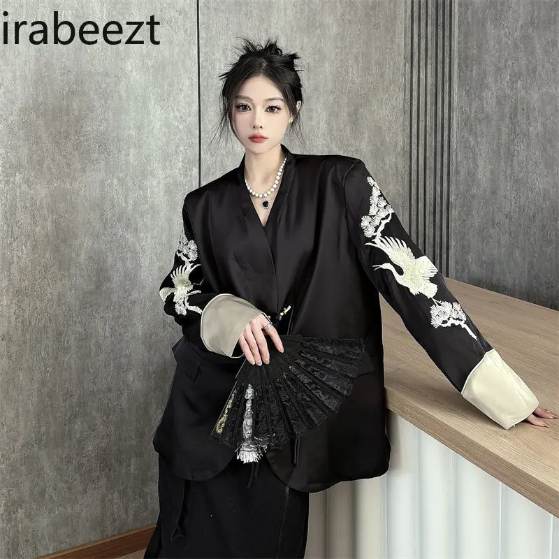 New Chinese Style Satin Embroidered Suit Jacket for Women Autumn New Long Sleeve Loose Color Matching High-grade Blazer