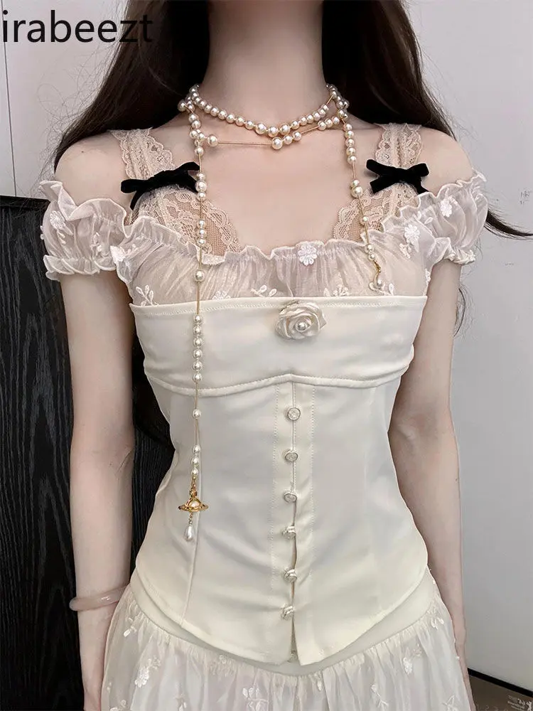 New Arrival White Off-Shoulder Elegant French Princess Party Clothing with Lace Bowknot Perfect for Birthday Fairy Tale Outfit