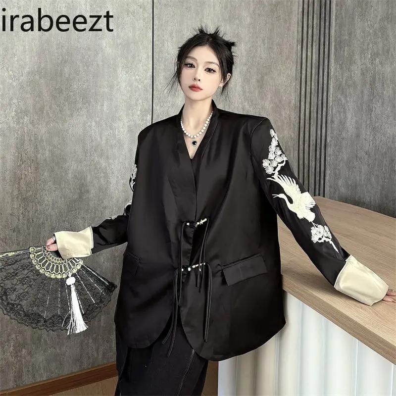 New Chinese Style Satin Embroidered Suit Jacket for Women Autumn New Long Sleeve Loose Color Matching High-grade Blazer