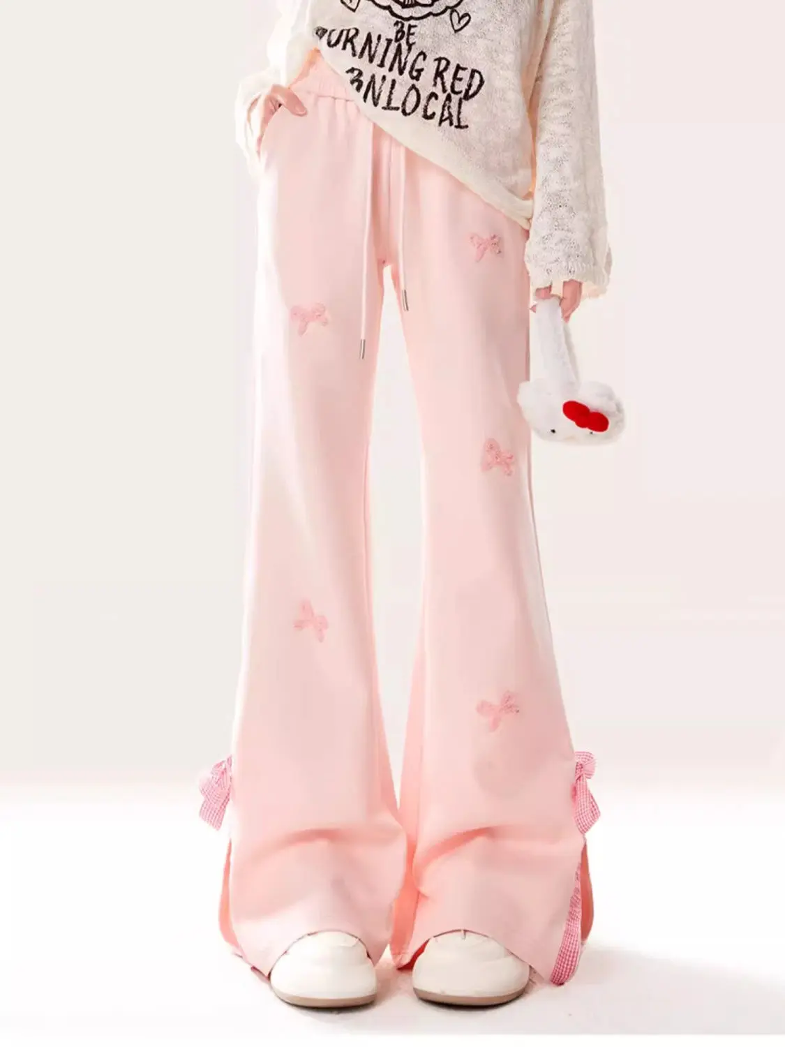 French Style Bow Trousers Women Pants Splicing Bowtie Slim Straight Leg Casual Pants