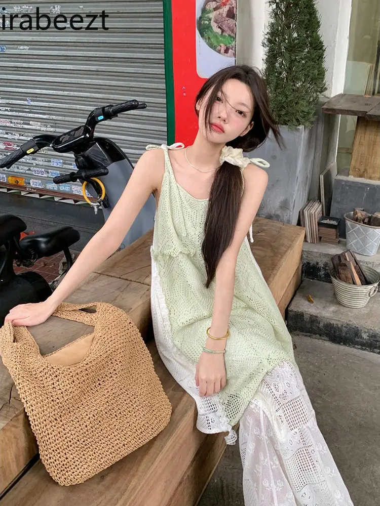 Women 2024 spring new irregular slip skirt hollow-out lace straight-leg trouser suit summer hot sale womens two peice sets