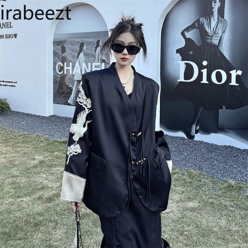 New Chinese Style Satin Embroidered Suit Jacket for Women Autumn New Long Sleeve Loose Color Matching High-grade Blazer