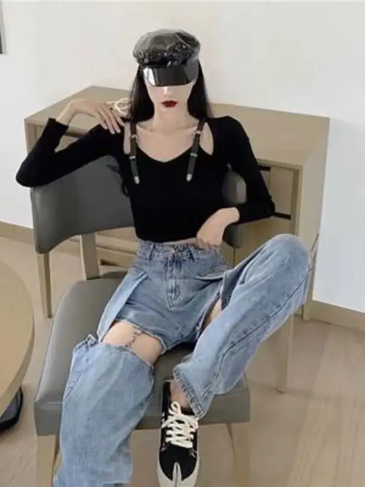 Irabeezt High Waiste Jean Women Fashion Chain Design Trousers Female Loose Straight Pants 2025 Spring New Detachable Short Trend
