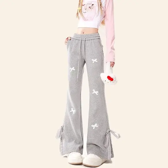 French Style Bow Trousers Women Pants Splicing Bowtie Slim Straight Leg Casual Pants