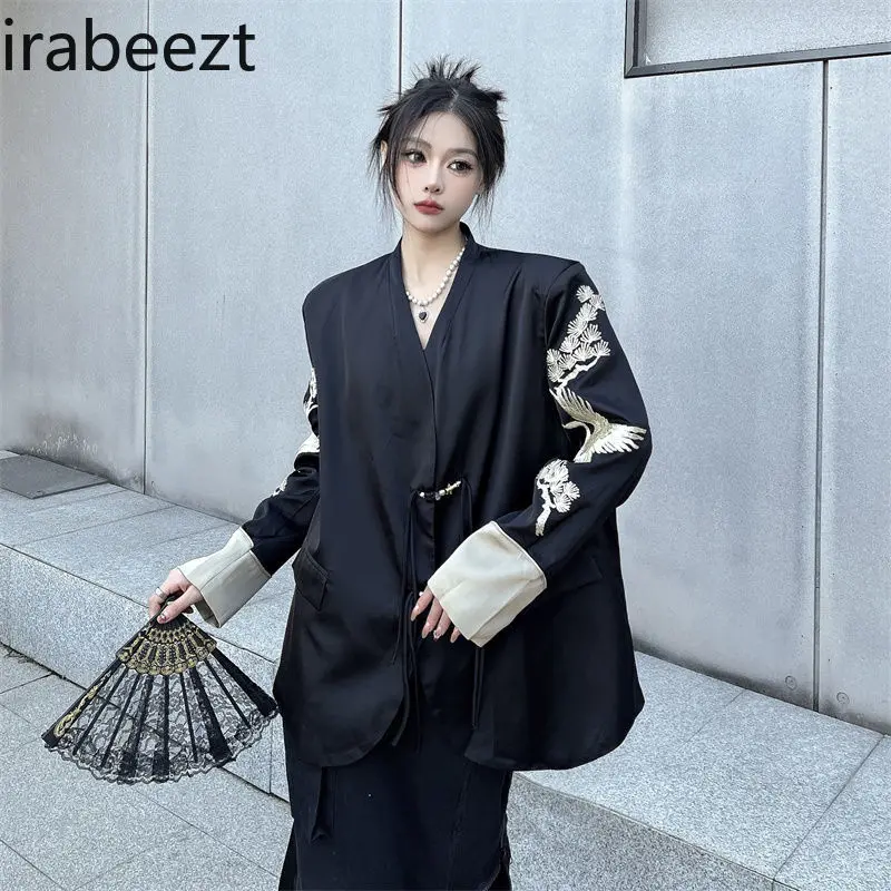 New Chinese Style Satin Embroidered Suit Jacket for Women Autumn New Long Sleeve Loose Color Matching High-grade Blazer