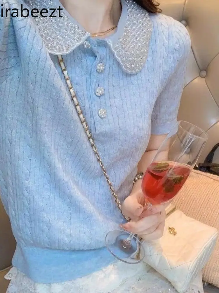 Summer Women's Polo Neck Blouse Rhinestone Embroidery French Style Doll Collar Short Sleeve Knitted Top
