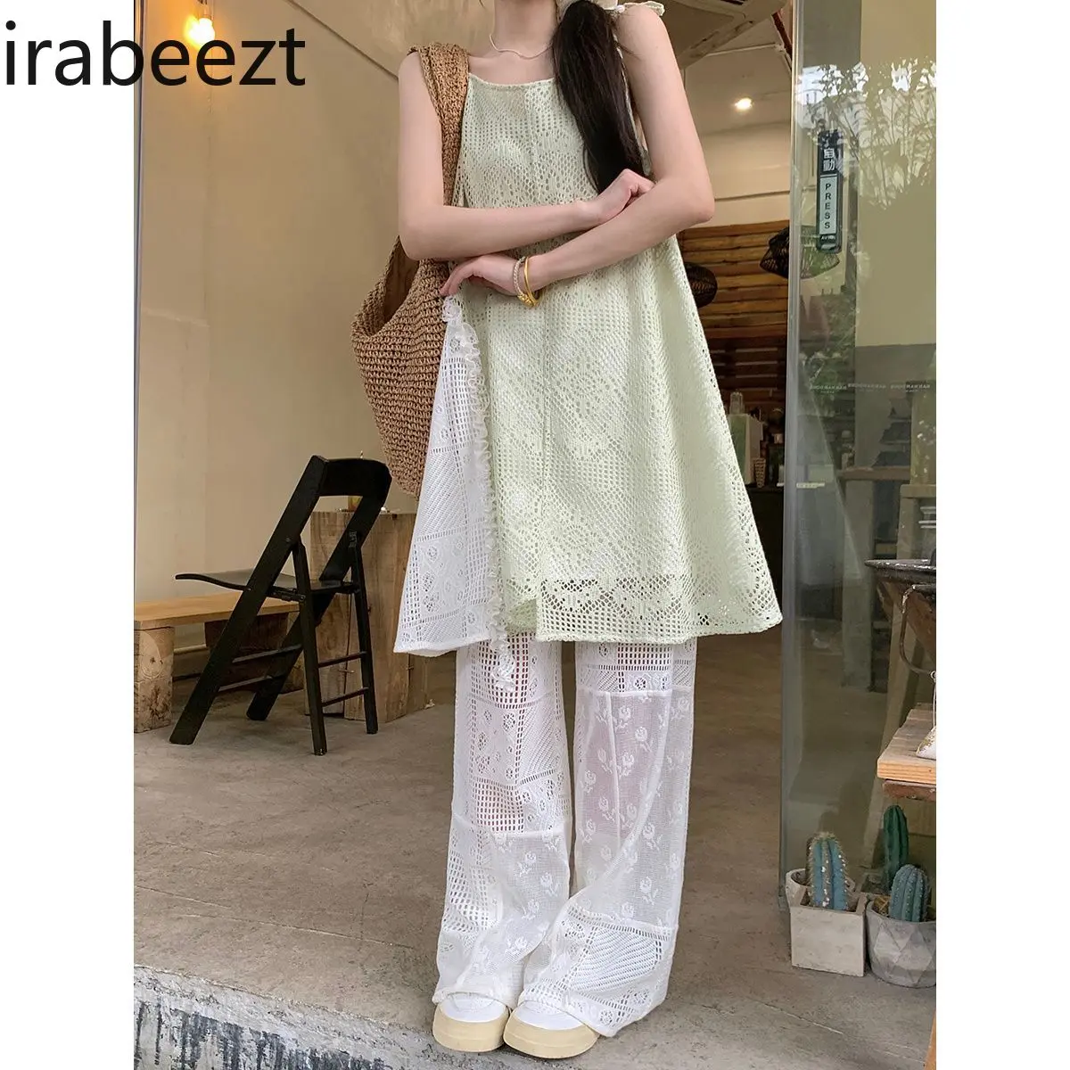 Women 2024 spring new irregular slip skirt hollow-out lace straight-leg trouser suit summer hot sale womens two peice sets