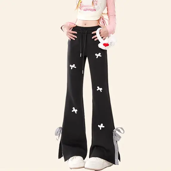 French Style Bow Trousers Women Pants Splicing Bowtie Slim Straight Leg Casual Pants