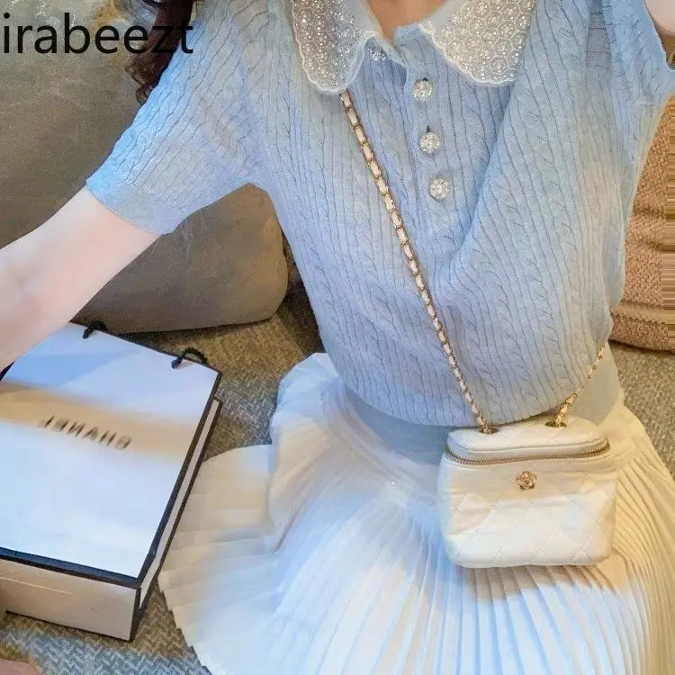 Summer Women's Polo Neck Blouse Rhinestone Embroidery French Style Doll Collar Short Sleeve Knitted Top