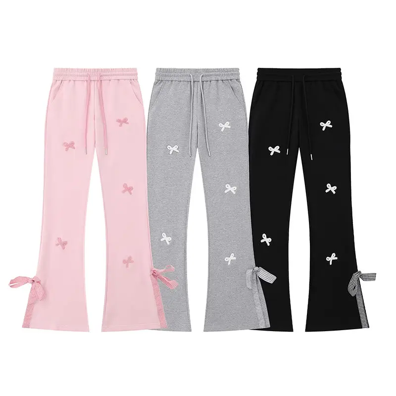 French Style Bow Trousers Women Pants Splicing Bowtie Slim Straight Leg Casual Pants