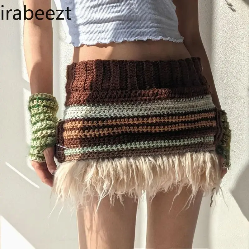 Stripes Knitted Skirt Women High Waist Bodycon Color Block Faux Fur Trim A-Line Stretch Wool Blend Retro Casual Winter Skirt