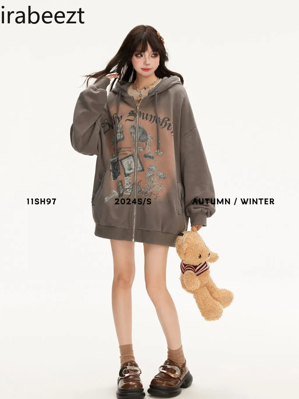 Spring 2025 New Hoodie Women's Country Chic Slouchy Loose Zipper Cardigan Aesthetic Women Clothing Streetwear Women