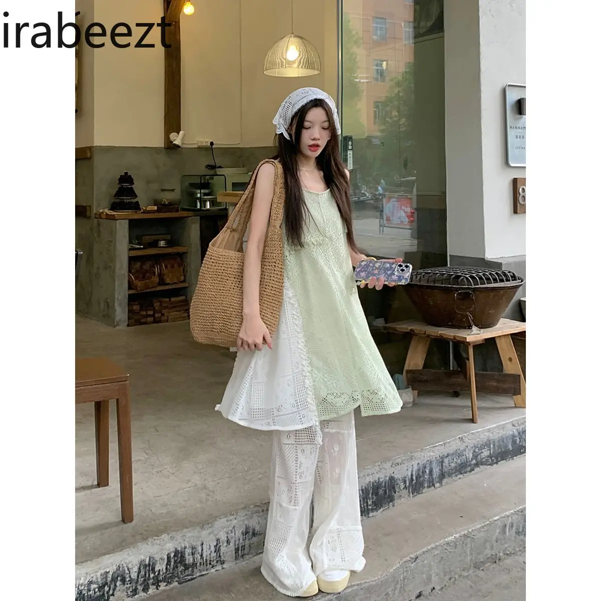 Women 2024 spring new irregular slip skirt hollow-out lace straight-leg trouser suit summer hot sale womens two peice sets