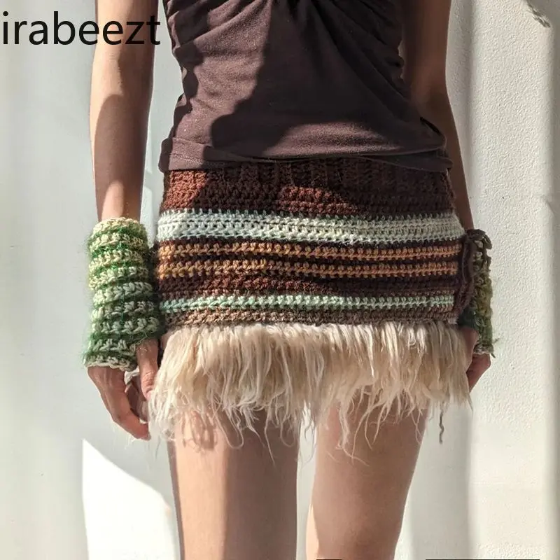 Stripes Knitted Skirt Women High Waist Bodycon Color Block Faux Fur Trim A-Line Stretch Wool Blend Retro Casual Winter Skirt