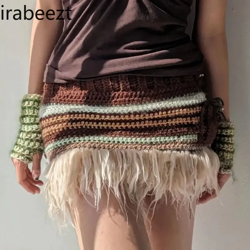 Stripes Knitted Skirt Women High Waist Bodycon Color Block Faux Fur Trim A-Line Stretch Wool Blend Retro Casual Winter Skirt