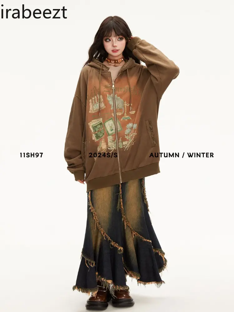 Spring 2025 New Hoodie Women's Country Chic Slouchy Loose Zipper Cardigan Aesthetic Women Clothing Streetwear Women