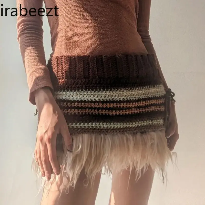 Stripes Knitted Skirt Women High Waist Bodycon Color Block Faux Fur Trim A-Line Stretch Wool Blend Retro Casual Winter Skirt