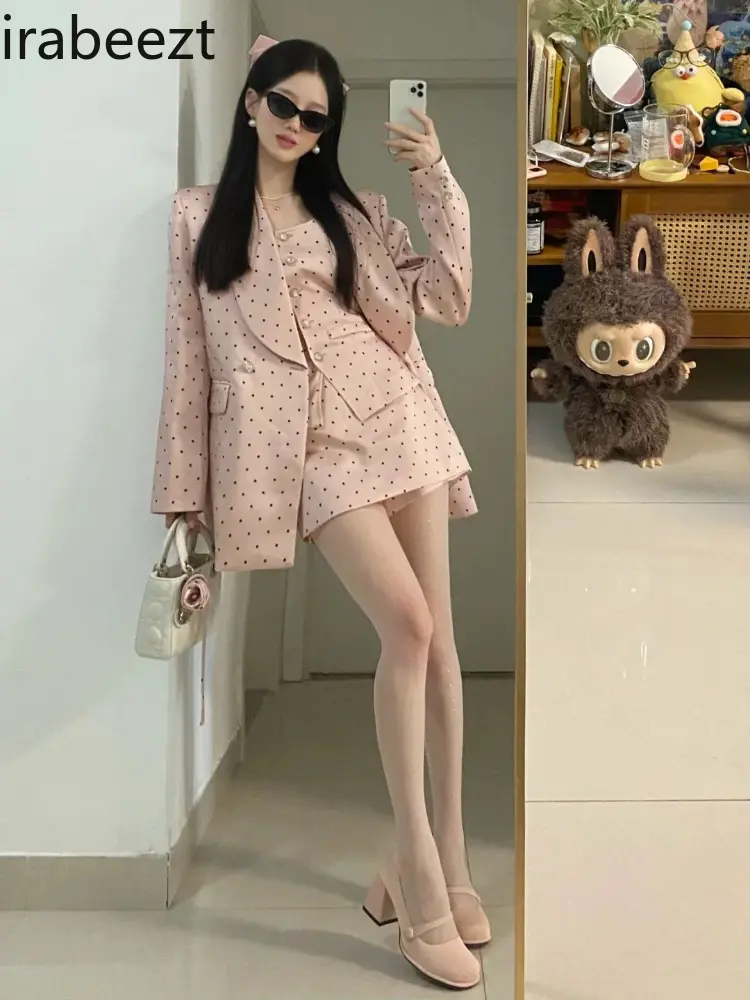 Early Autumn New Women's Suit Pink Polka Dot Coat Vest Top Wide Leg Culottes Generous Decent Three-piece Set Conjunto Femenino
