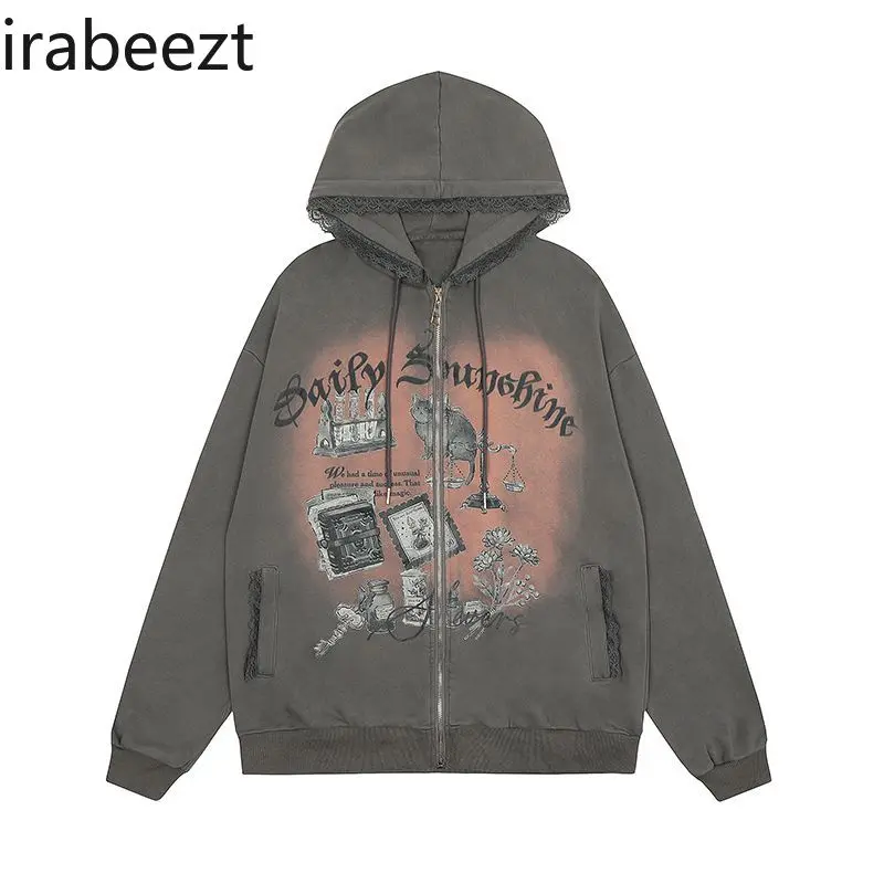 Spring 2025 New Hoodie Women's Country Chic Slouchy Loose Zipper Cardigan Aesthetic Women Clothing Streetwear Women