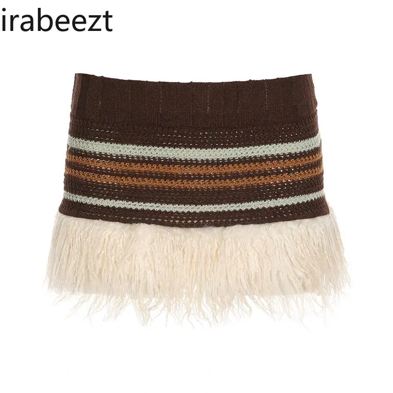 Stripes Knitted Skirt Women High Waist Bodycon Color Block Faux Fur Trim A-Line Stretch Wool Blend Retro Casual Winter Skirt