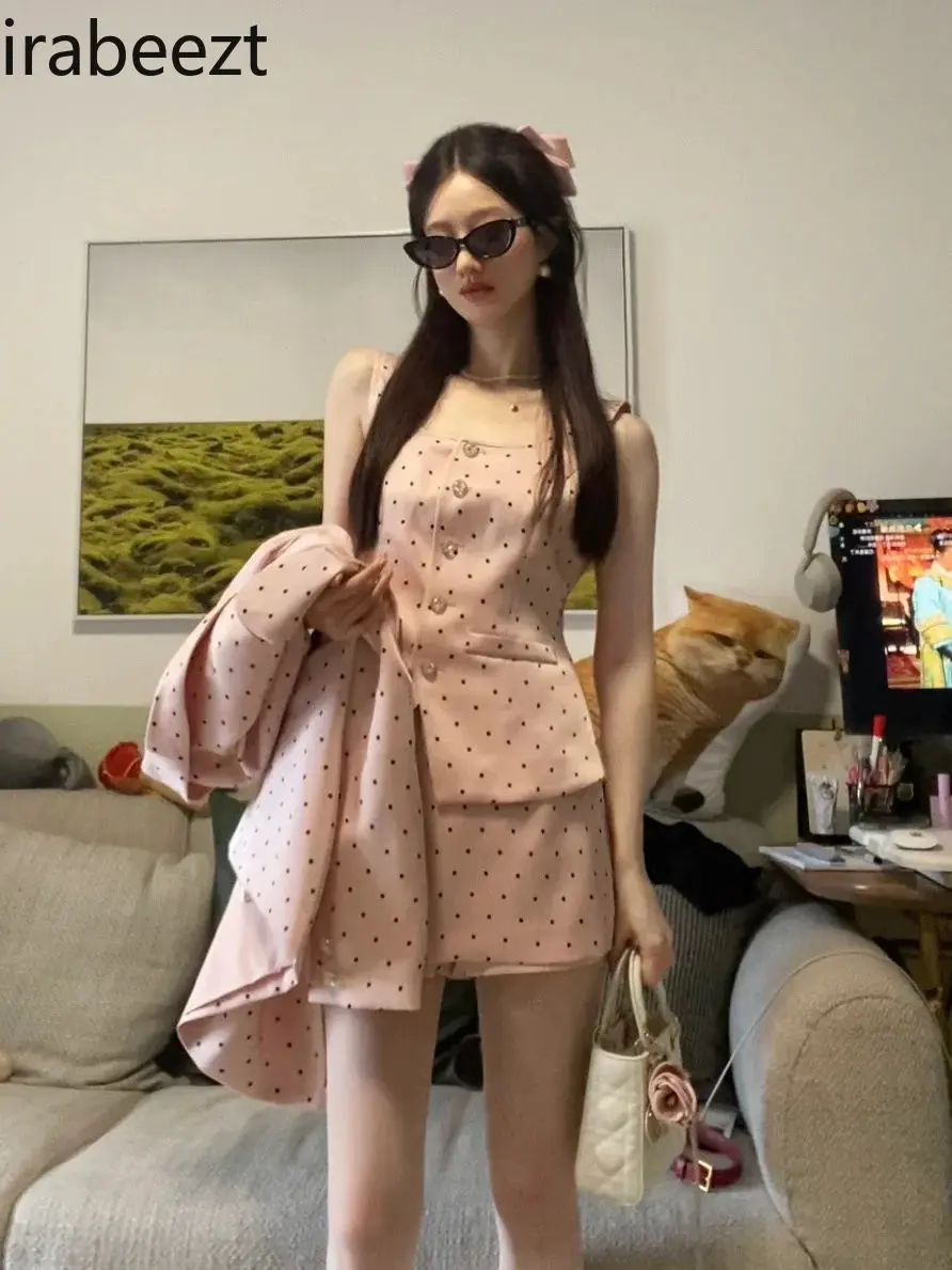 Early Autumn New Women's Suit Pink Polka Dot Coat Vest Top Wide Leg Culottes Generous Decent Three-piece Set Conjunto Femenino