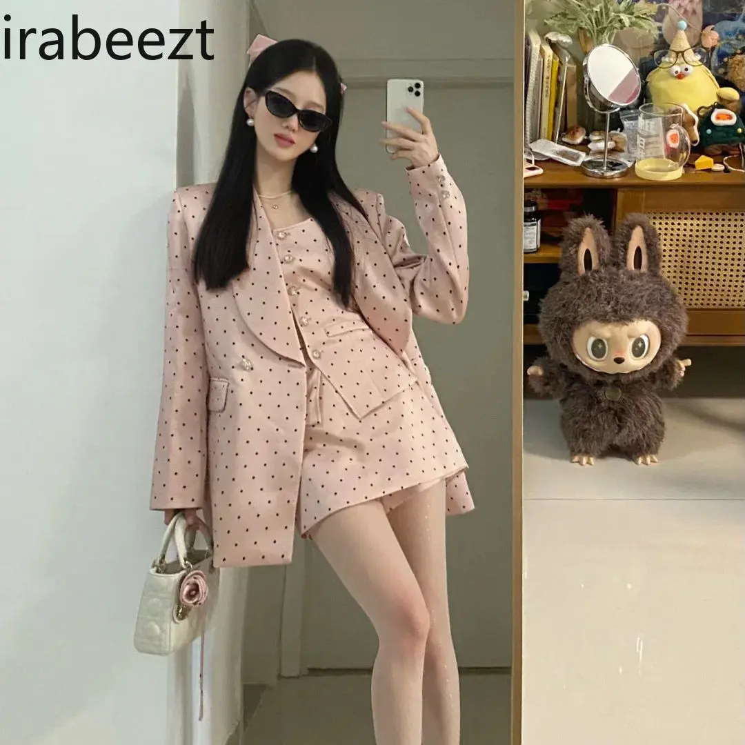 Early Autumn New Women's Suit Pink Polka Dot Coat Vest Top Wide Leg Culottes Generous Decent Three-piece Set Conjunto Femenino