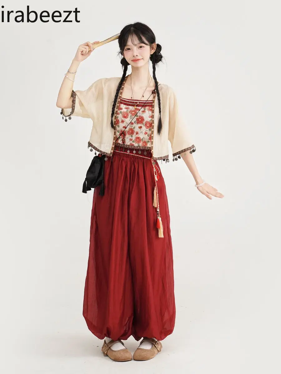 New Chinese Ethnic Style Three-piece Suit Heavy Tassel Suspenders Jacket Waisted Bloomers Conjunto Moletom Feminino