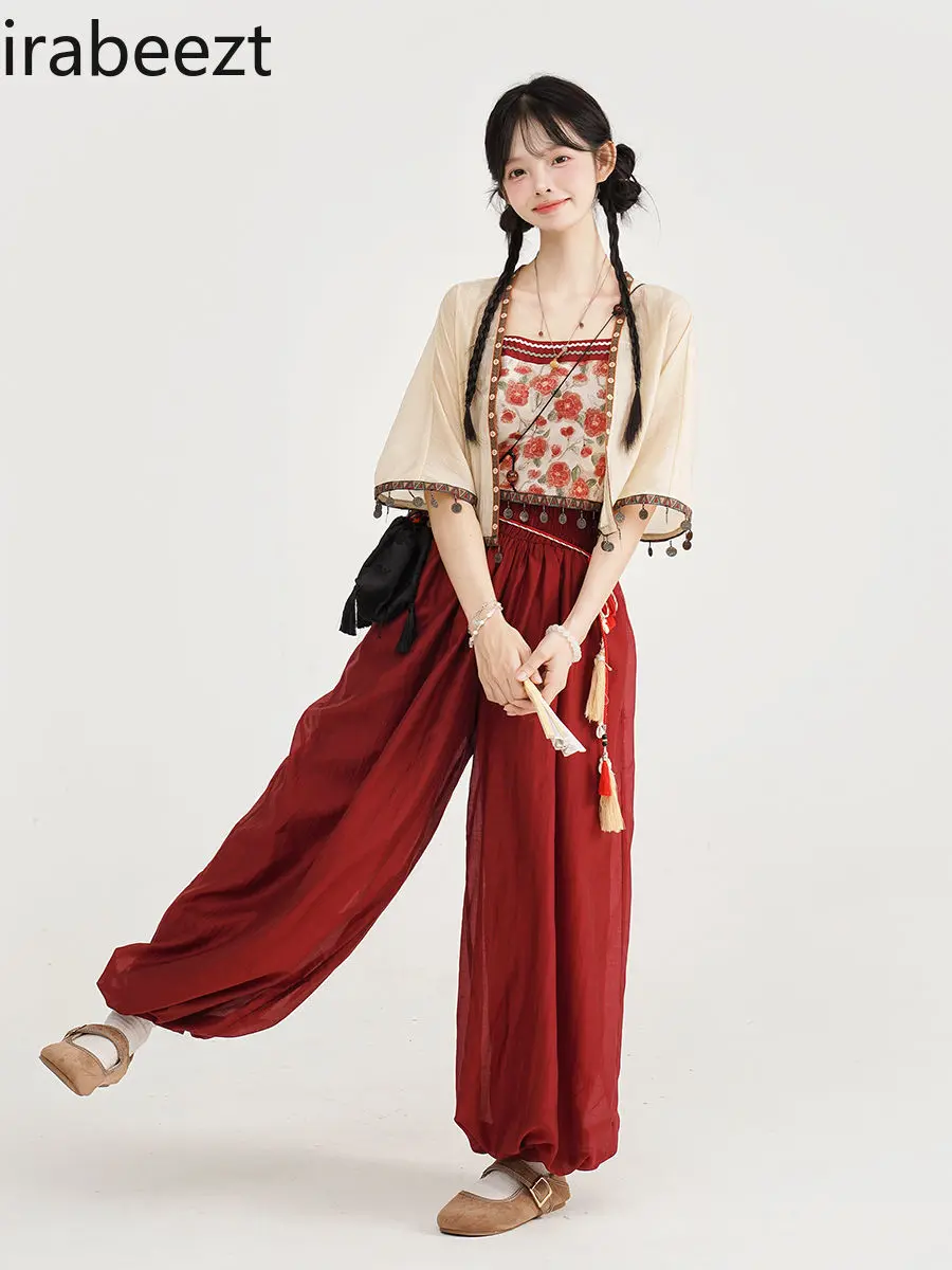 New Chinese Ethnic Style Three-piece Suit Heavy Tassel Suspenders Jacket Waisted Bloomers Conjunto Moletom Feminino