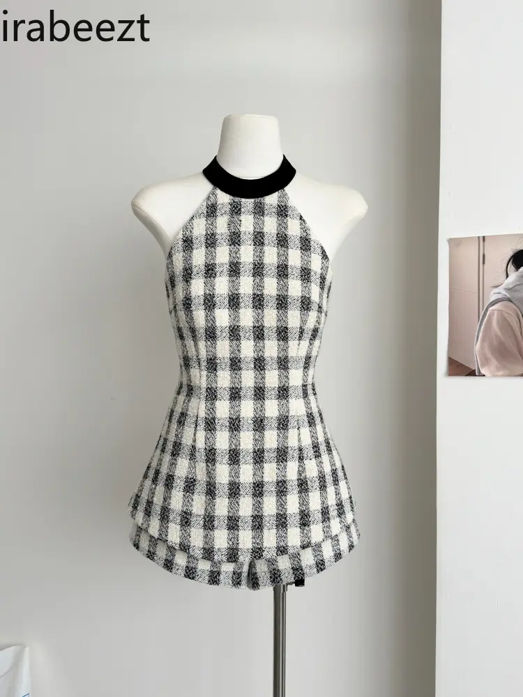 Women's Spring Plaid Halterneck Top and Shorts Two-piece Set Summer Trajes De Mujer Conjunto 2 Piezas Elegantes