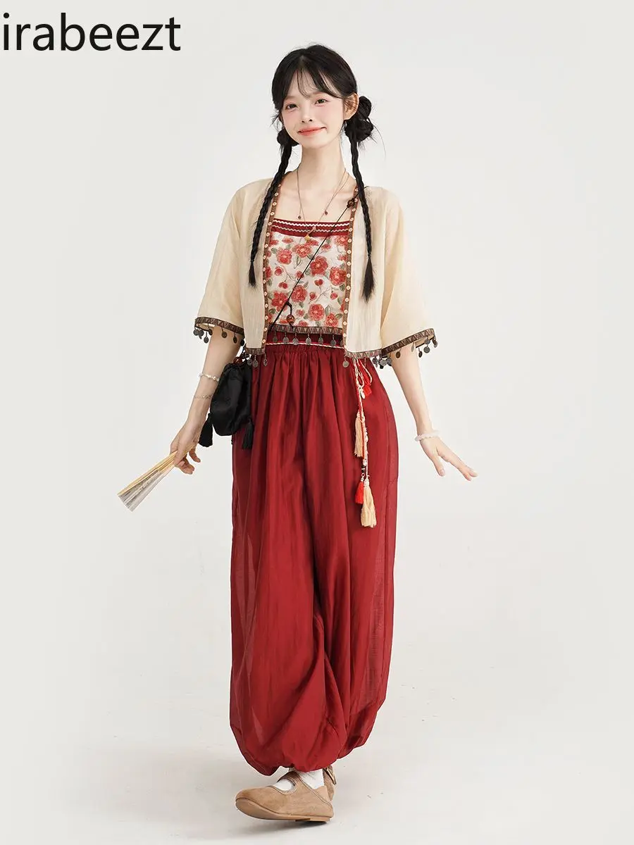 New Chinese Ethnic Style Three-piece Suit Heavy Tassel Suspenders Jacket Waisted Bloomers Conjunto Moletom Feminino