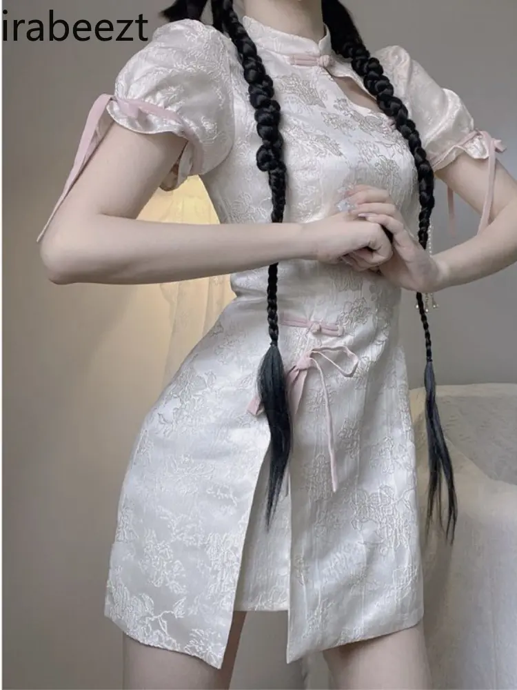 Small Spice Girl Sweet And Spicysexy Wrap Hip Robe New Chinese Style Retro Improved Short-sleeved Cheongsam White Dress