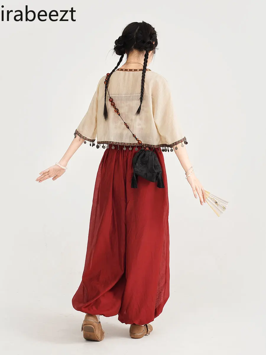 New Chinese Ethnic Style Three-piece Suit Heavy Tassel Suspenders Jacket Waisted Bloomers Conjunto Moletom Feminino