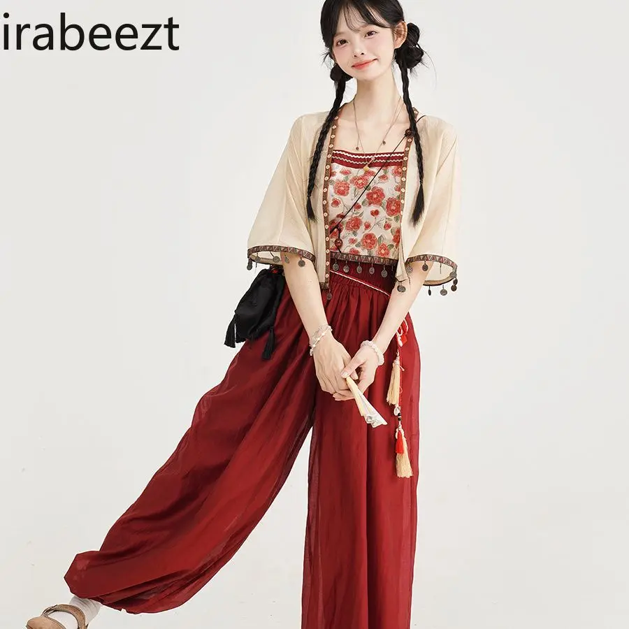 New Chinese Ethnic Style Three-piece Suit Heavy Tassel Suspenders Jacket Waisted Bloomers Conjunto Moletom Feminino